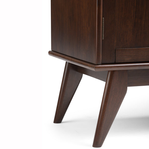 English Elm Draper Mid Century Sideboard Buffet with 12-Bottle Wine Rack, Solid Rubberwood, Medium Auburn Brown Finish, Tapered Legs and Brass Pulls B136P158156