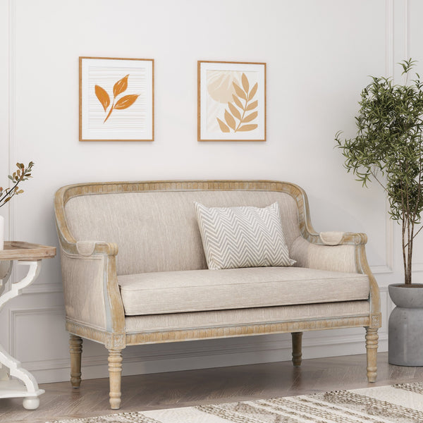 English Elm Loveseat French Country Style Turned Legs Padded Upholstery Compact Sitting Room Sofa 71063.00BGE