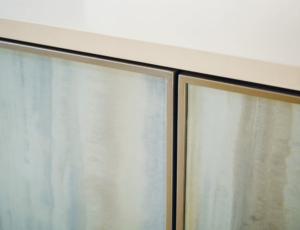 Hooker Furniture Hera Almond White Credenza With Reverse Painted Glass Doors, Soft-Close, Wine Storage & Cable Management 6052-10464-80