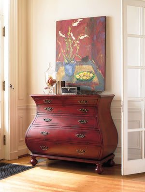 Hooker Furniture Red Bombe Chest With Distressed Hand-Painted Red Finish, Bombe Silhouette & Five Spacious Drawers For Timeless Storage 5102-85001