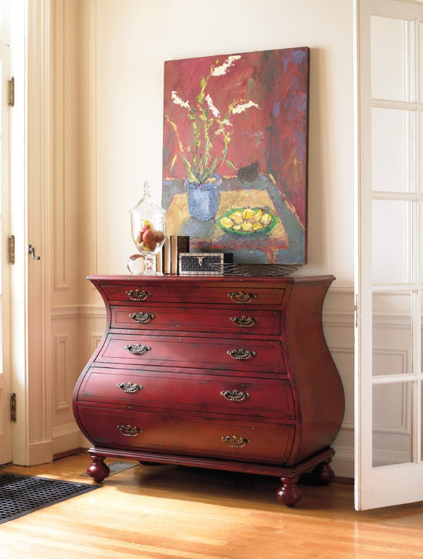 Hooker Furniture Red Bombe Chest With Distressed Hand-Painted Red Finish, Bombe Silhouette & Five Spacious Drawers For Timeless Storage 5102-85001