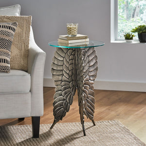 Christopher Knight Home® - Noble House - Joni Boho Glam Handcrafted Aluminum Fairy Wing Accent Table with Glass Top, Antique Nickel