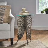 Christopher Knight Home® Joni Boho Glam Handcrafted Aluminum Fairy Wing Accent Table with Glass Top, Antique Nickel