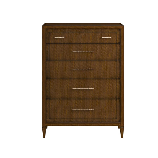 A.R.T. Furniture Eave 5-drawer Chest: Elegant Quartered Walnut Nightstand With Luxe Faux Bamboo Gold Hardware Brown Material(S), Poplar And Parawood Solids,Walnut Veneer 336150-1860