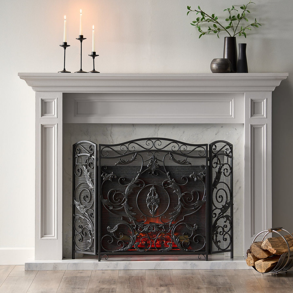 English Elm Waterbury Wrought Iron Fireplace Screen with Ornate Scrollwork and Camelback Silhouette 55341.00SIL