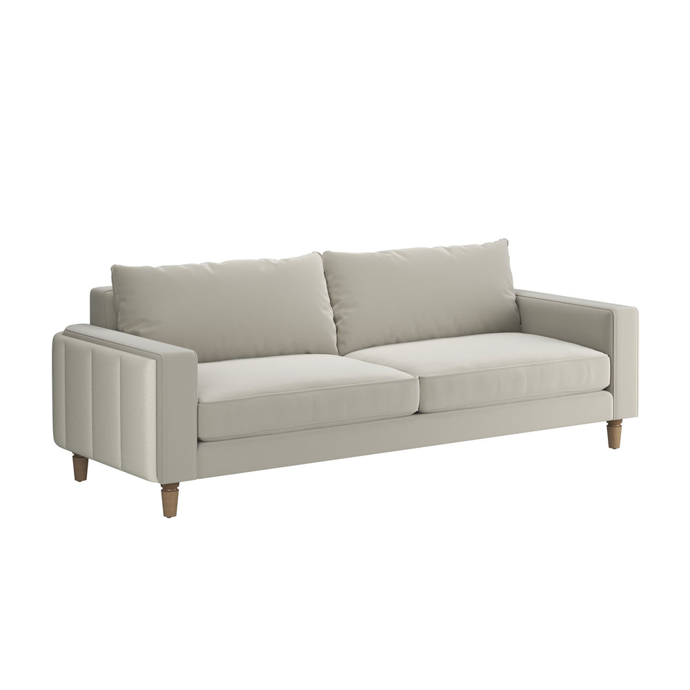 A.R.T. Furniture Barret Sofa - Luxurious Sand Velvet With Channeled Detailing And Sleek Track Arms For Modern Elegance Beige Inside, Velvet Sand Colored Polyester Fabric,Outback In Faux,Leather Parchement Colored Material 735501-5911