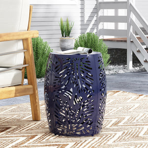 English Elm Metal Cylindrical Accent Table Powder Coated Iron with Tropical Palm Leaf Lattice Design Navy Blue 73613.00NBLU