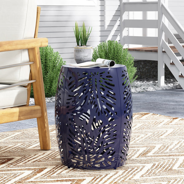 English Elm Metal Cylindrical Accent Table Powder Coated Iron with Tropical Palm Leaf Lattice Design Navy Blue 73613.00NBLU