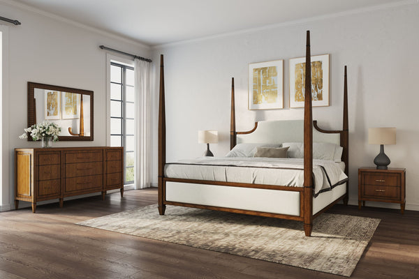 A.R.T. Furniture Eave Traditional Four Poster Bed With Scrolled Back Upholstered Headboard And Elegant Design Off,White Material(S), Poplar And Parawood Solids,Walnut Veneer 336125-1860