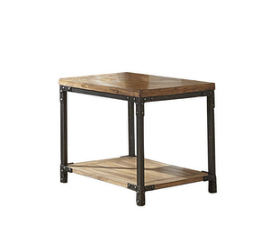 English Elm Steve Silver - Compact Industrial Coffee Table - Antiqued Honey Finish, Black Metal Frame - Mixed Media Styling, Picture Frame Veneered Top, Bottom Shelf