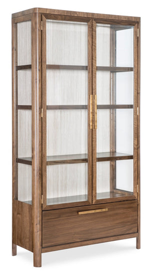 Hooker Furniture Eleana Walnut Display Cabinet With Beveled Glass, Touch Led Lighting, Grass-Cloth Back, Sunlit Bronze Hardware 7252-75906-85