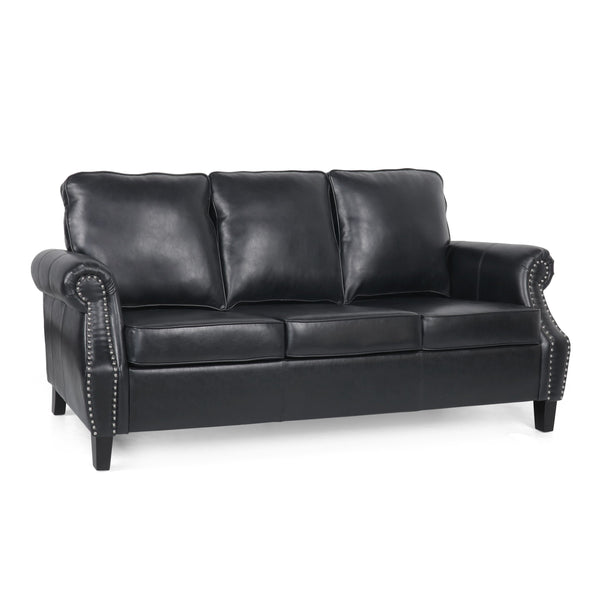 English Elm 3 Seater Pu Leather Sofa with Nailhead Trim Tapered Birch Legs for Modern Living 71405.00PUMDNT