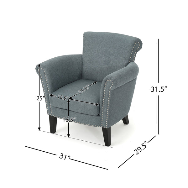 English Elm Christopher Knight Home® - CLUB Chair with Curved Silhouette and Nailhead Trim — Upholstered Luxury Accent Seat with Birch Legs Blue+Grey 31.5 L x 24.75 W x 23 H 60841.00STB