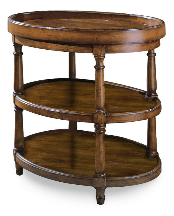 Hooker Furniture Oval Accent Table With Mappa Burl Veneer, Removable Serving Tray, Brass-Capped Legs & Open Shelves 500-50-590