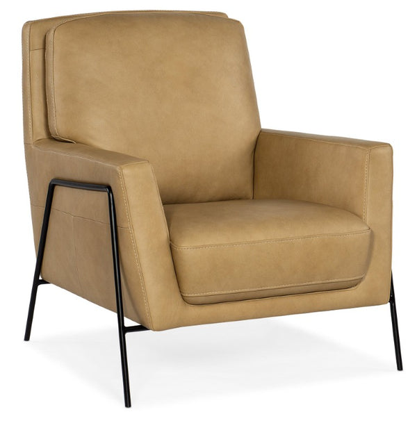 Hooker Furniture Amette Sculptural Club Chair In Top-Grain Anker Sand Leather With Slender Metal Frame, Modern Comfort Light Brown CC452-009