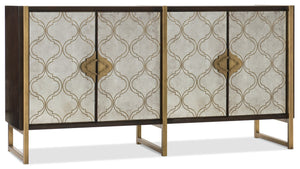 Hooker Furniture Melange Classic Credenza With Quatrefoil Glass Front, Black Walnut Veneer, Matte Gold Hardware —Elegant Storage And Media Console 638-85390-DKW