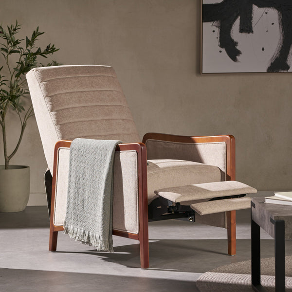 English Elm Christopher Knight Home® - Mid Century Modern Sand Fabric Recliner with Channel Stitch & Birch Wood Frame, Pushback Comfort 70451.00FSND