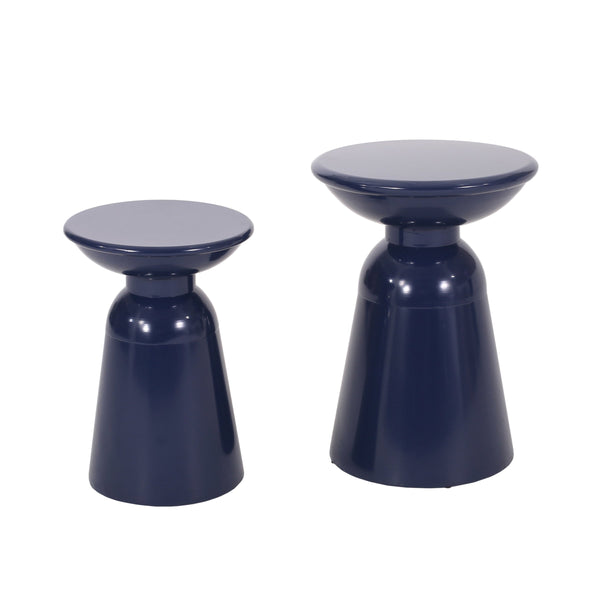 English Elm Serenita Outdoor Powder Coated Iron Pedestal Side Tables Sculptural Flared Set of Two Navy Blue 73614.00NBLU