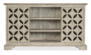 Hooker Furniture Commerce Underhill Entertainment Console — Light Gray Distressed Oak Tv Stand With Floral Cutout Doors, Soft-Close Storage 7228-85111-95