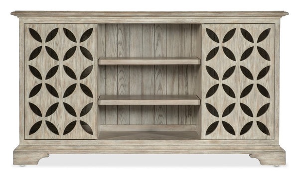 Hooker Furniture Commerce Underhill Entertainment Console — Light Gray Distressed Oak Tv Stand With Floral Cutout Doors, Soft-Close Storage 7228-85111-95
