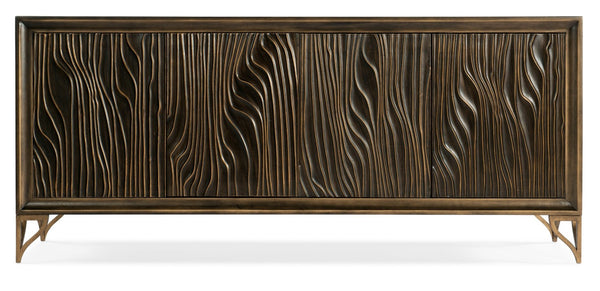Hooker Furniture Melange Mountgomery Credenza With Wavy Grooved Doors, Dark Wood Finish, Gold Accents & Power 628-55005-87