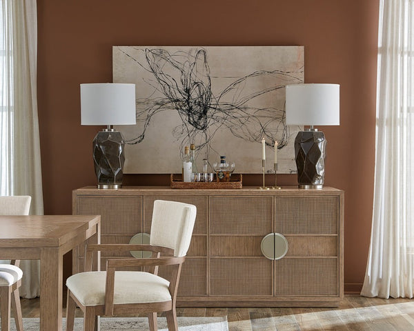 Hooker Furniture Sonnet Marble-Inset Dining Credenza With Woven Cane Doors, White Oak Veneer, Soft-Close Storage Elegance 6072-75900-85