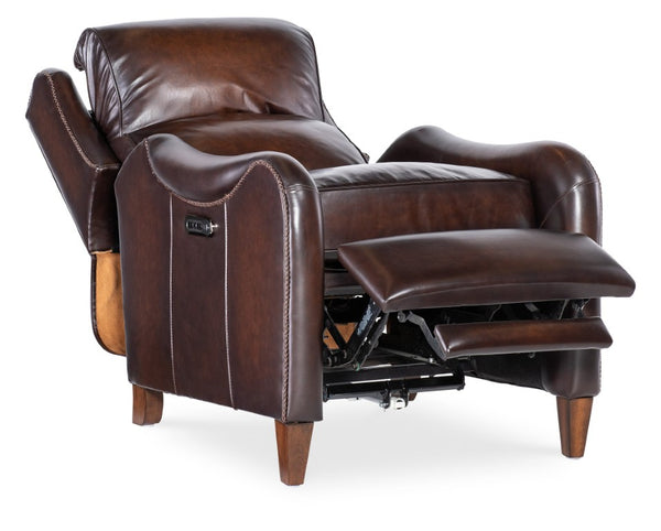 Hooker Furniture Carrington Vortex Leather Power Recliner With Usb, Power Headrest, Bustle Back & Dark Wood Legs RC819-PH-088