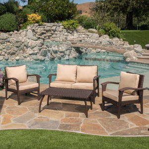 English Elm Christopher Knight Home® - HONOLULU Stylish 4PC PE Wicker Patio Set with Durable Iron Frame, Waterproof Cushions, Compact Lounge Brown+Tan 52917.00IRN