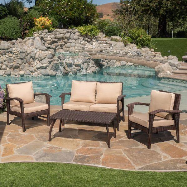 English Elm Christopher Knight Home® - HONOLULU Stylish 4PC PE Wicker Patio Set with Durable Iron Frame, Waterproof Cushions, Compact Lounge Brown+Tan 52917.00IRN