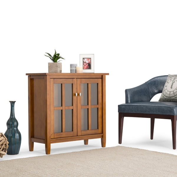 English Elm Warm Shaker Low Storage Cabinet - Handcrafted Light Golden Brown With Glass Door & Adjustable Shelves B136P159572-GIGA