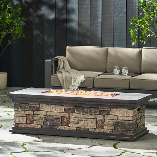 English Elm Rectangle Mgo Propane Fire Pit Faux Stone Finish 50000 Btu Outdoor Patio Centerpiece 63692.00-50K