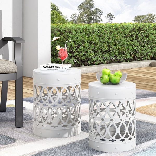 English Elm Outdoor Powder-coated Iron Nesting Accent Tables Set of 2 Laser-cut Circle Design White 73606.00WHI