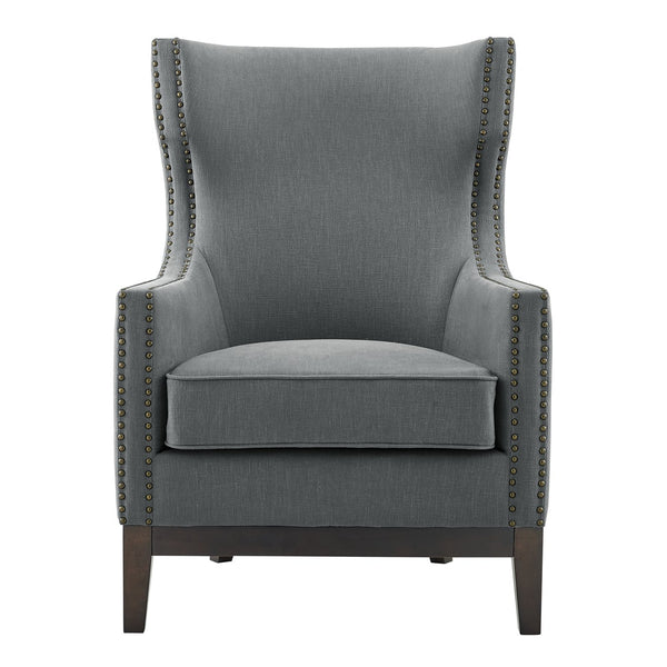 English Elm Steve Silver - Roswell Linen Wingback Chair in Dark Gray — Solid Oak Legs, Scalloped Wingback, Brass Nailhead Trim B081P157150