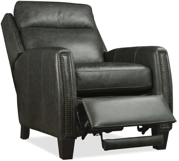 Hooker Furniture Jacklyn Aniline Top Grain Leather Power Recliner With Pop-Up Headrest, Nailhead Trim & Bustle Back Grey RC822-PH-096