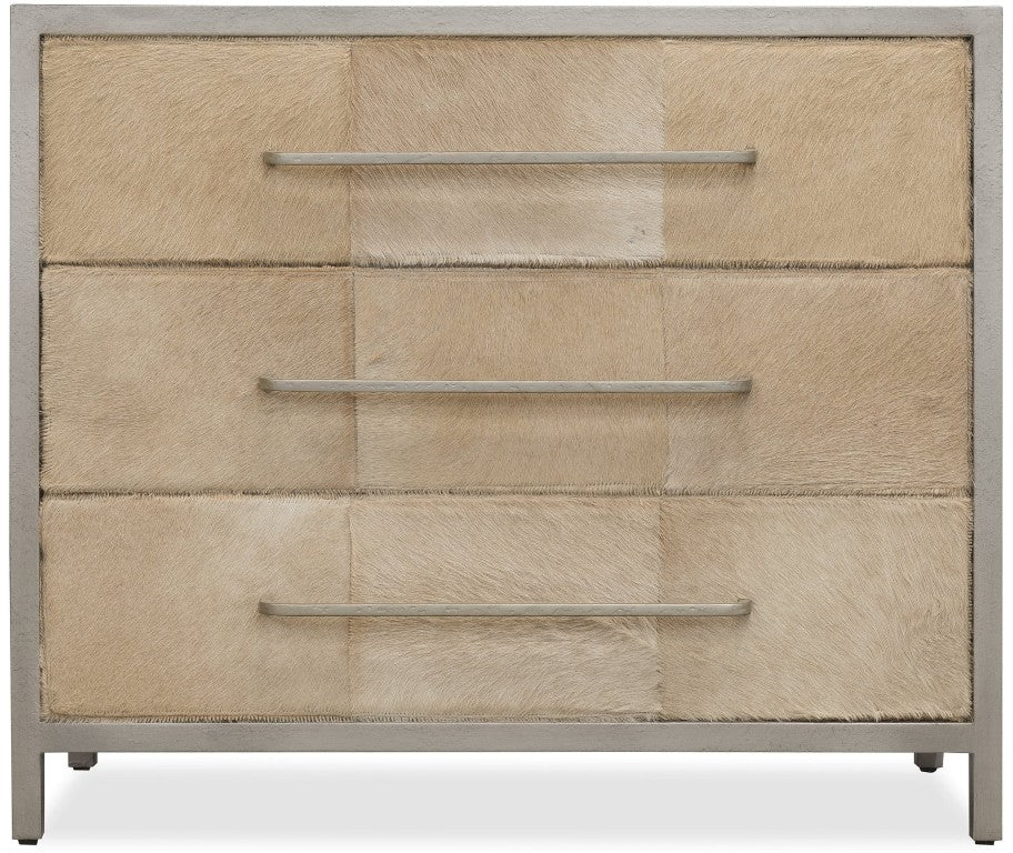 Hooker Furniture Melange Hair-On-Hide Chest With Silver Metal Frame, 3 Soft-Close Drawers, Luxe Textured Accent 628-85004-92