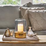 Christopher Knight Home® - Noble House - Lippert Boho Handcrafted Mango Wood Hurricane Candle Holder, Natural and Gold