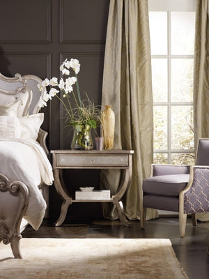 Hooker Furniture Sanctuary Elegant Silver Leaf Bedside Table With Antique Mirror Panels, Jewel Accents & Storage (29") 5413-90015