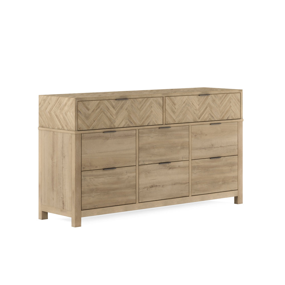 A.R.T. Furniture Garrison Dresser: Casual Contemporary Elegance With Herringbone Design, Cedar-lined Drawers & Brass Accents Brown Parawood Solids With Ash Embossing,White Oak Veneers,Metal 322130-1302