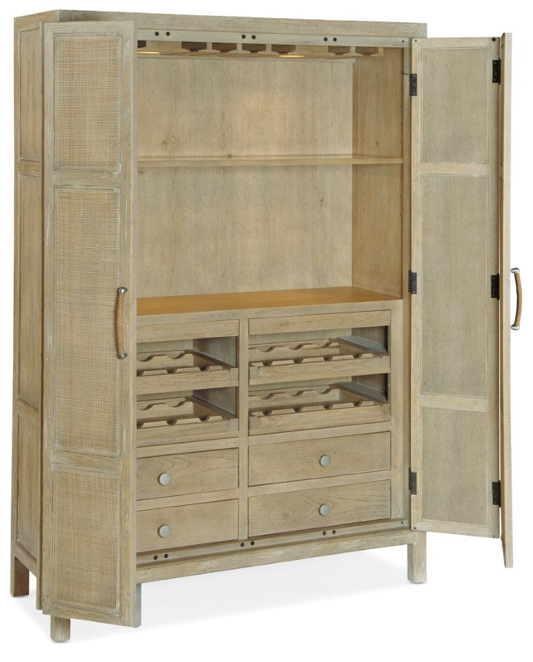 Hooker Furniture Surfrider Driftwood Bar Cabinet With Rattan Doors, Integrated Lighting, Wine Storage & Pull-Outs 6015-75160-80