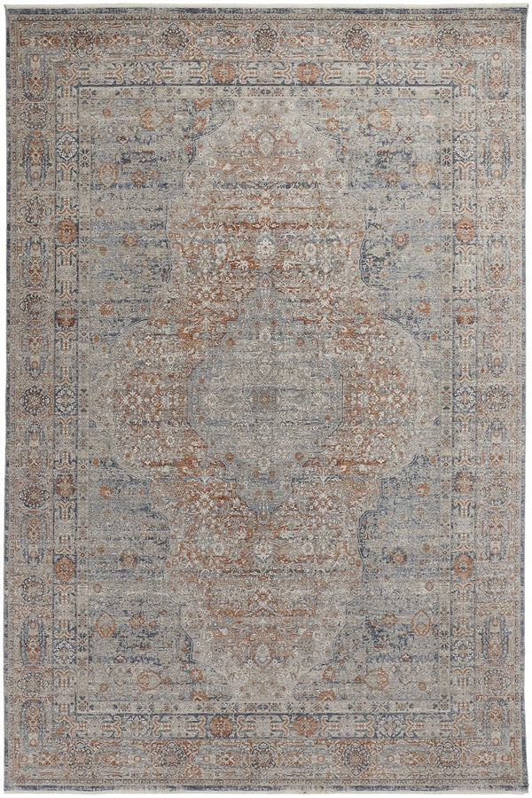 Feizy Rugs Marquette Medallion Rug – Elegant Power-loomed Design, Stain-resistant, Easy Care For High Traffic Areas Gray,Ivory,Orange Polyester,Acrylic Mrq3778frstbluj00