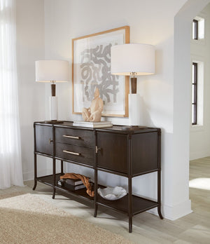 Hooker Furniture Retreat Pole Rattan Sideboard With Rope Accents, Dune Oak Veneer, Soft Pewter Hardware & Storage Dark Wood 6950-75917-99