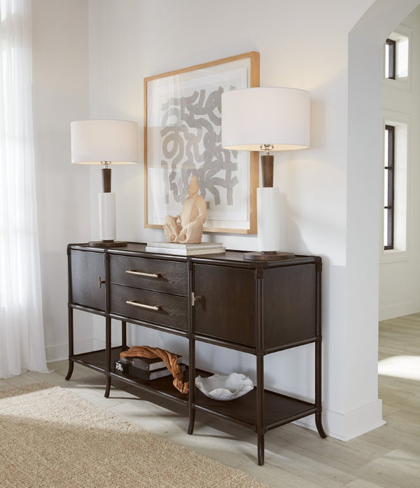 Hooker Furniture Retreat Pole Rattan Sideboard With Rope Accents, Dune Oak Veneer, Soft Pewter Hardware & Storage Dark Wood 6950-75917-99