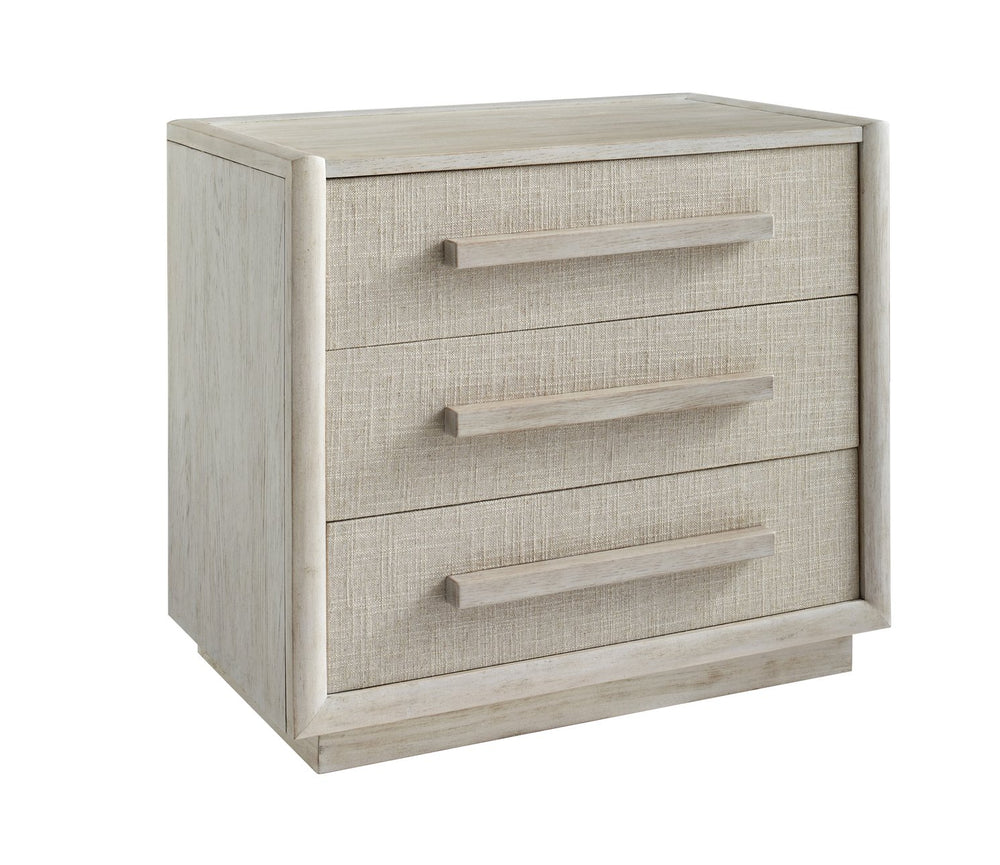 A.R.T. Furniture Cotiere Contemporary Nightstand With Usb Ports, Linen Fabric Drawers, And Adjustable Base Levelers Beige Material, Parawood Solids,Mixed Split Cathedral And Quarter White Oak Veneers,Fabric 299140-2349
