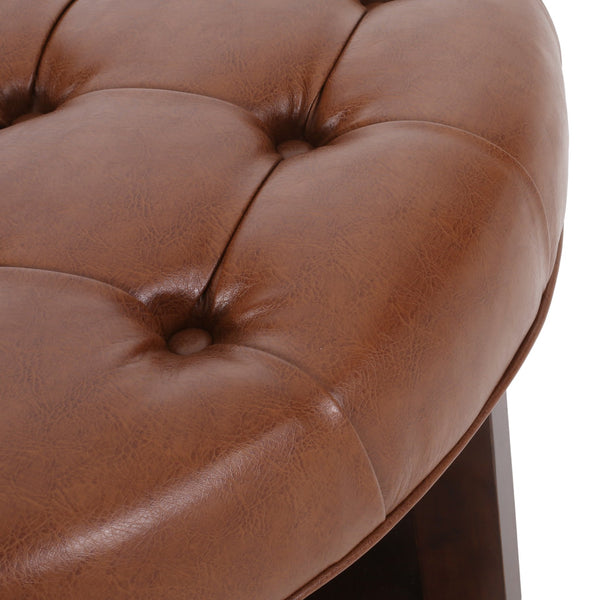 English Elm Round Tufted Pu Leather Ottoman with Open Shelf Storage for Living Room Light Brown 71589.00COGN