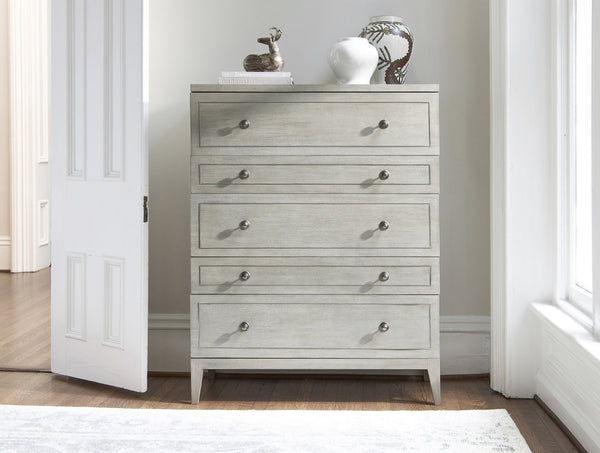 Bernhardt Bernhardt Cornelia Tall Drawer Chest With Nebbia Ash Finish, Brushed Stainless Inlays, 5 Soft-Close Drawers 331118