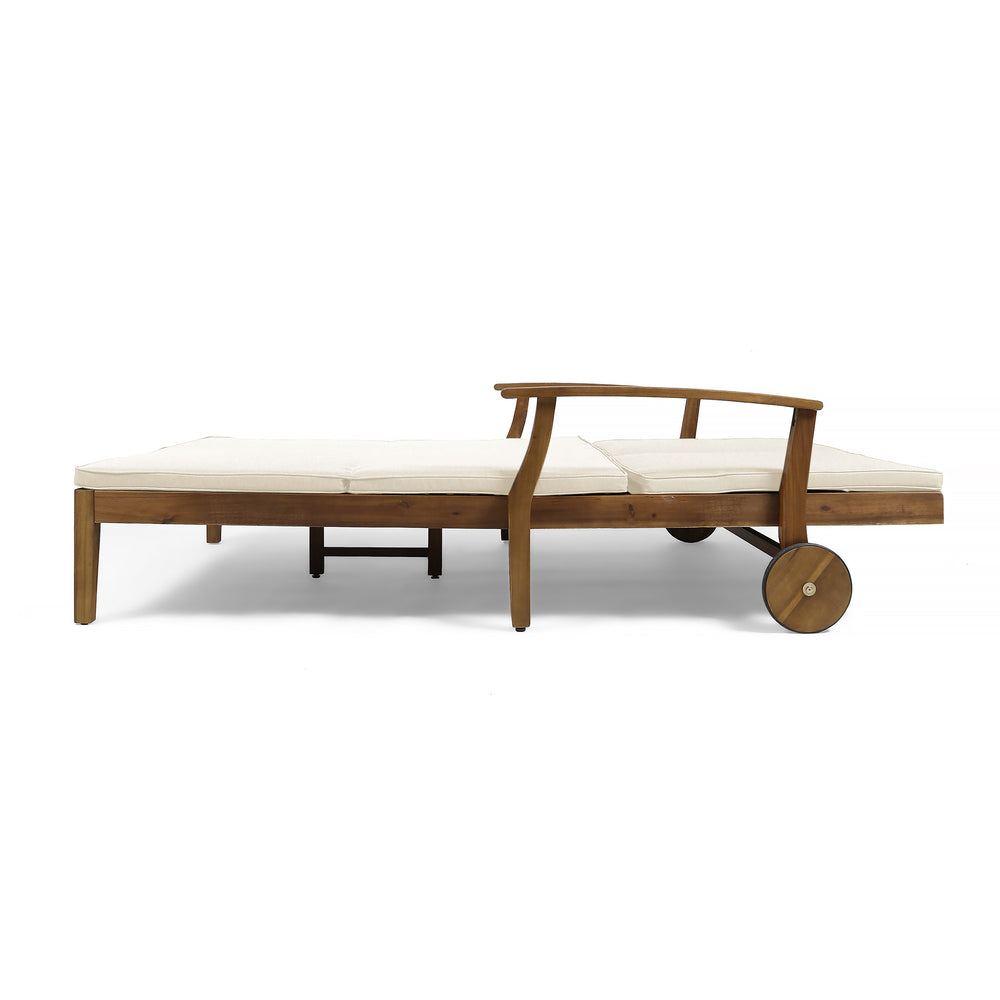 English Elm Christopher Knight Home® - Perla Double Chaise Lounge - Elegant Cream Acacia Wood For Poolside Relaxation & Adjustable Comfort 63357.00CRM