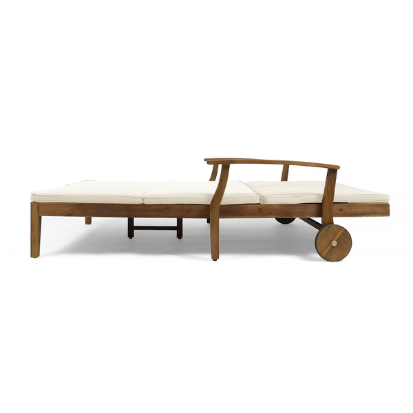 English Elm Christopher Knight Home® - Perla Double Chaise Lounge - Elegant Cream Acacia Wood For Poolside Relaxation & Adjustable Comfort 63357.00CRM