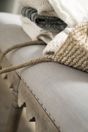 Hooker Furniture Boheme Vintage Madera Bed Bench With Antwerp Linen Seat, Scalloped Apron & Bronze Nailhead Trim, Antique Finish 5750-90019-MWD