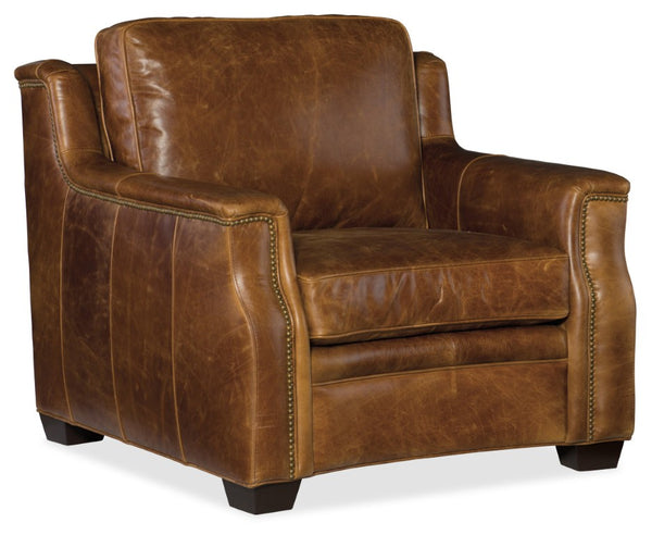 Hooker Furniture Yates Buckaroo Colt Leather Stationary Chair With Nailhead Trim And Natchez Brown Wood Legs For Timeless Elegance Medium Brown SS519-01-087