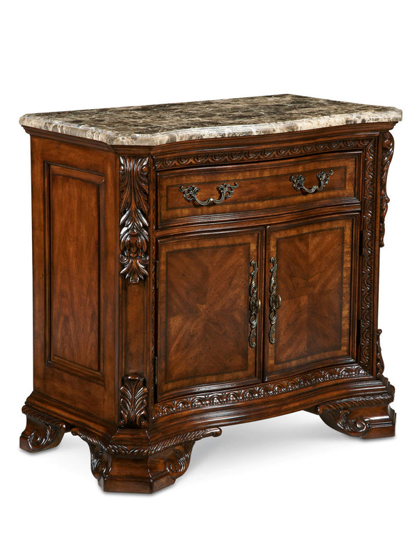 A.R.T. Furniture Old World Marble Top Nightstand - Elegant Medium Cherry Finish With Hidden Storage & Adjustable Shelf Brown, Beige New Zealand Pine Solids,Cherry And Avodire Veneers,Marble,Metal 143142-2606